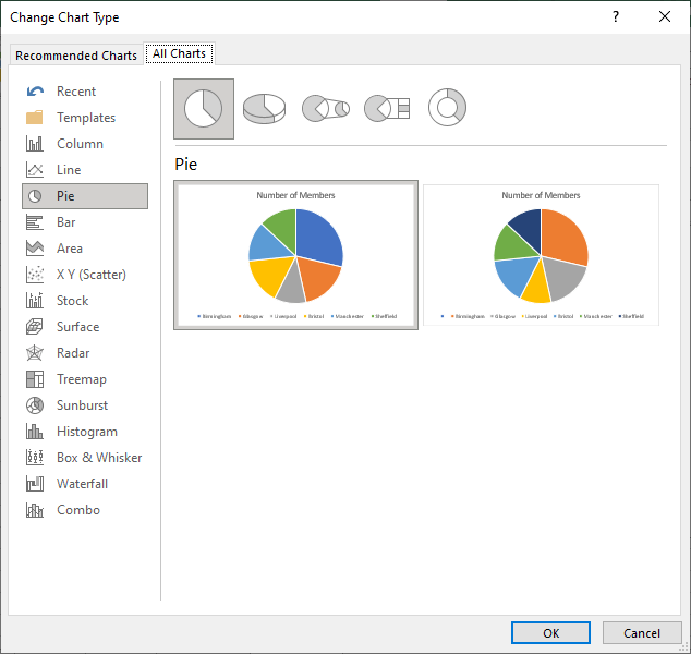 Excel 2016 Change Chart Type dialog box