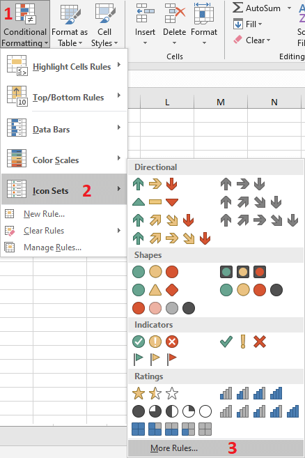 Excel 2016 Conditional Formatting Icon Sets Button More Rules