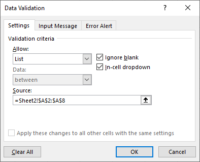 Excel 2016 Data Validation dialog box
