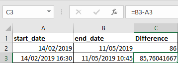 Excel 2016 Difference between two dates