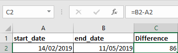 Excel 2016 Difference between two dates