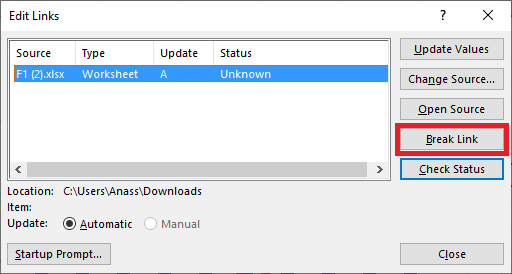 Excel 2016 Edit Links dialog box