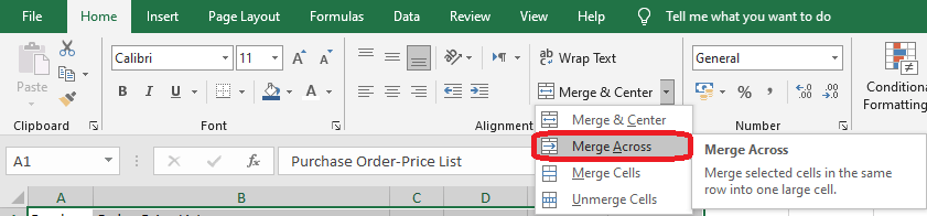 Excel 2016 Merge Across button