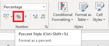 Excel 2016 Percent Style button