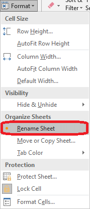 Excel 2016 Rename the sheet