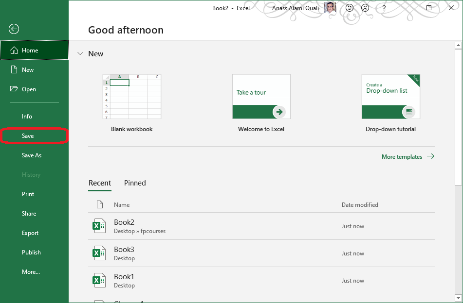 Excel 2016 Save button
