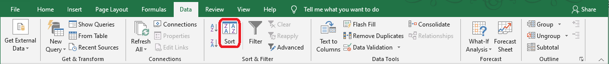 Excel 2016 Sort Command