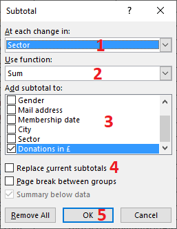 Excel 2016 Subtotal dialog box