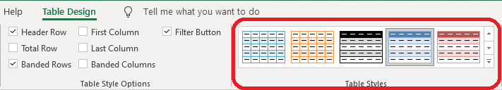 Excel 2016 Table Styles