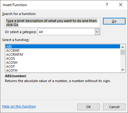 Excel 2016 Insert Function dialog box