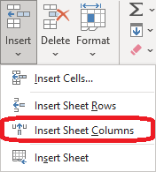 Excel 2016 Insert Sheet Columns Button