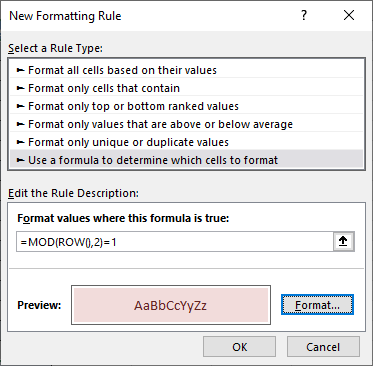 Excel 2016 New Formatting Rule Dialog Box