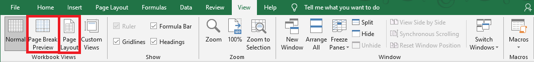 Excel 2016 Page Layout and Page Break Preview commands