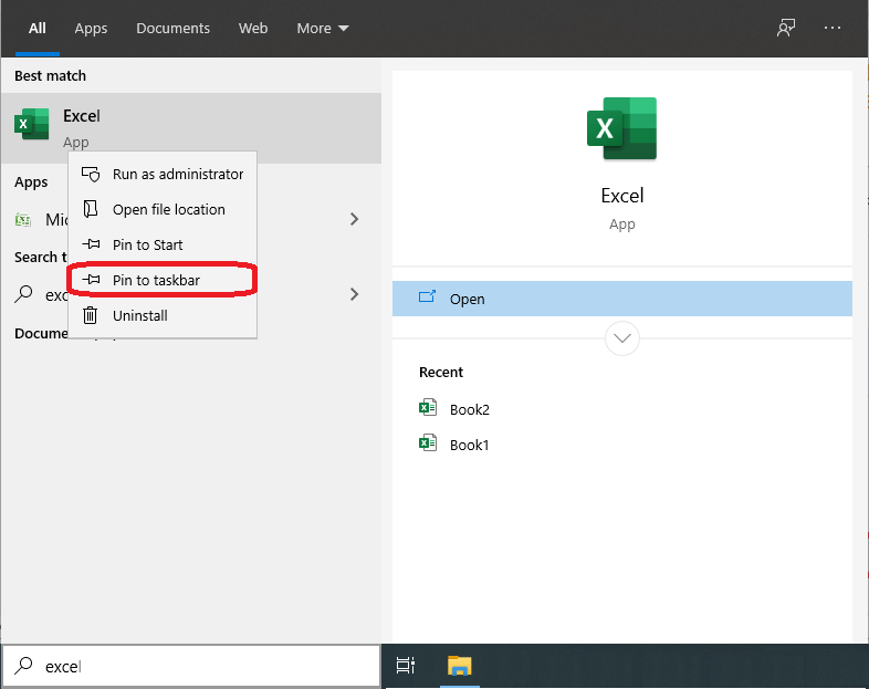 Pin an Excel Icon to the Windows taskbar