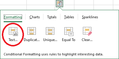 Excel 2016 Quick Analysis Button Text that Contains