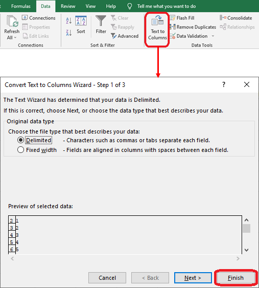 Excel 2016 Text to Columns command