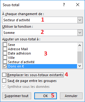 Boite de dialogue Sous-total