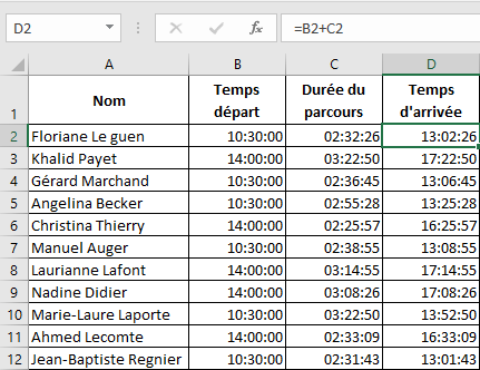 Excel 2016 Exemple Ajout de temps