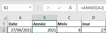 Excel 2016 Ann&eacute;e, mois et jour d'une date