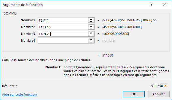 Boite de dialogue Arguments de fonction