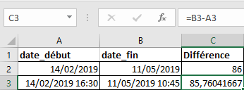 Excel 2016 Diff&eacute;rence entre 2 dates