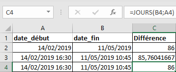 Excel 2016 Diff&eacute;rence entre 2 dates