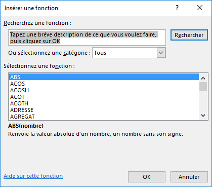 Boite de dialogue Ins&eacute;rer une fonction