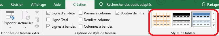 Excel 2016 Styles de tableau