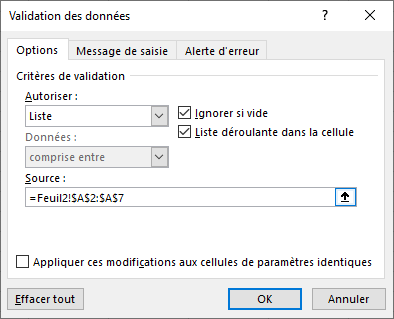 Excel 2016 Boite de dialogue Validation des données