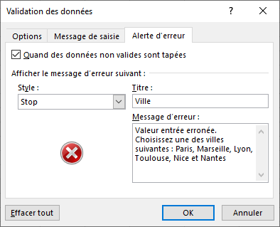 Excel 2016 Boite de dialogue Validation des données Alerte d'erreur