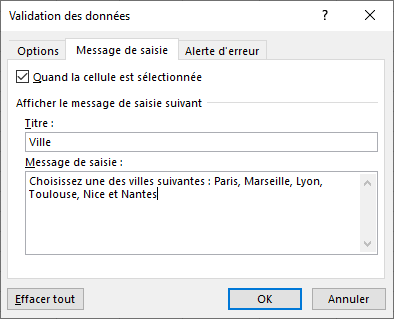 Excel 2016 Boite de dialogue Validation des données Message de saisie