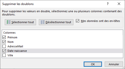 Excel 2016 Boite de dialogue Supprimer les doublons