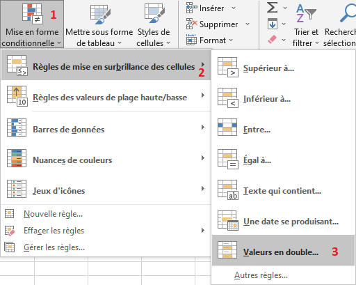 Excel 2016 Mise en forme conditionnelle Valeurs en double