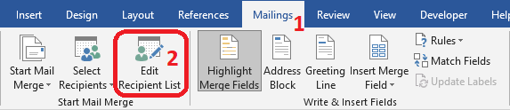 Word 2016 Edit Recipent List command