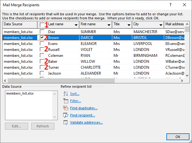 Word 2016 Mail Merge Recipients dialog box