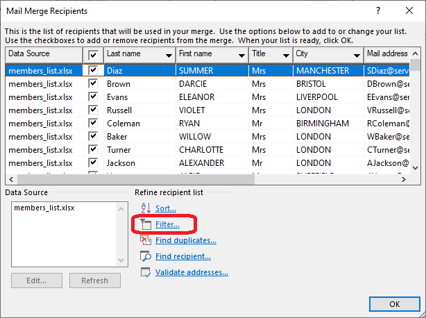 Word 2016 Mail Merge Recipients dialog box