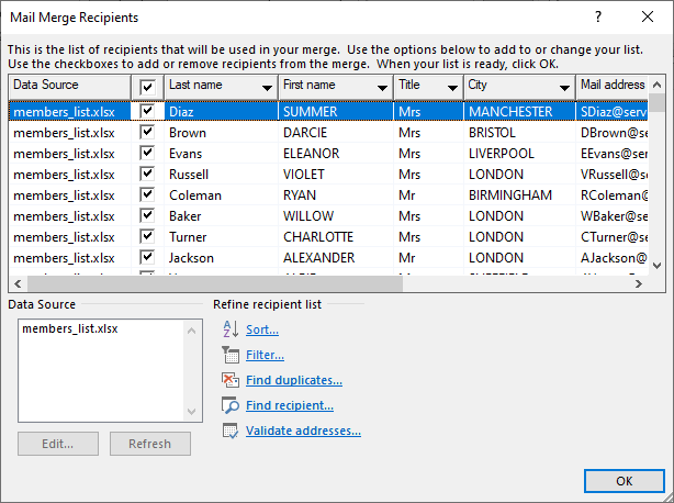 Word 2016 Mail Merge Recipients dialog box
