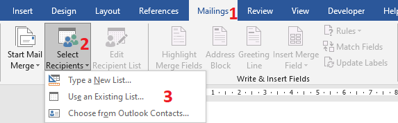 Word 2016 Select Recipients menu