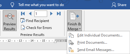 Word 2016 Finish and Merge menu