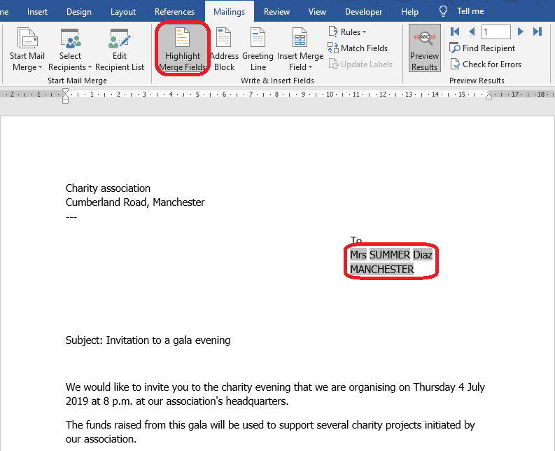 Word 2016 Highlight Merge Fields
