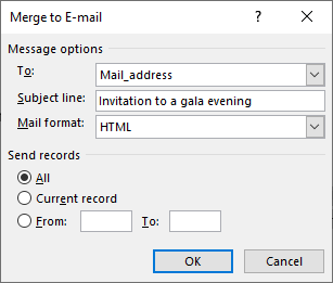 Word 2016 Merge to E-mail dialog box